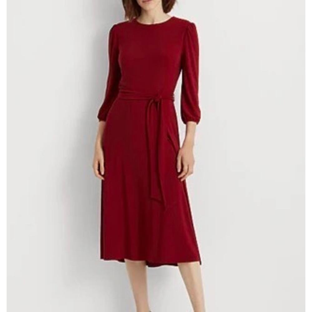 Lauren Ralph Lauren Black Label Jersey Midi Dress Belted Maroon Red Size 14